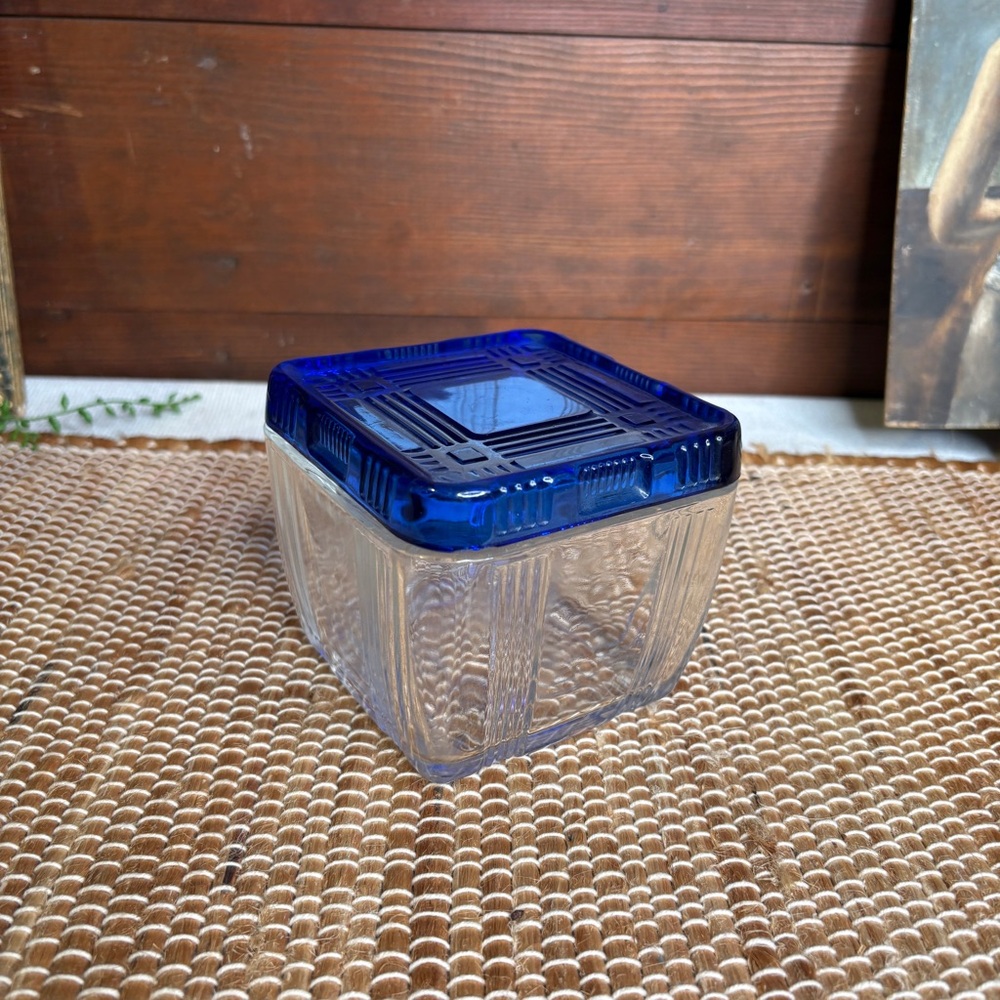 Vintage Hazel Atlas Cobalt Blue and Clear Square Refrigerator Dish With Lid